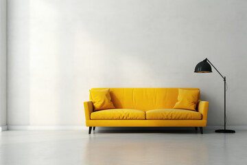 Yellow sofa minimal in living room interior with plant,white wall. 3d render illustration. Generative AI.