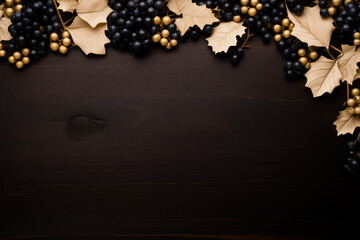 Festive background of dark wooden texture with black and golden grapes and dried leaves, featuring empty space and decorated with New Year elements. copy space frame