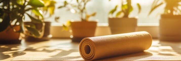 Active lifestyle woman practicing yoga at home for morning meditation yoga banner background - obrazy, fototapety, plakaty
