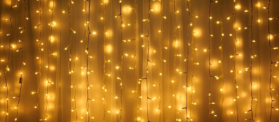 Yellow LED garland hanging on curtains with focus