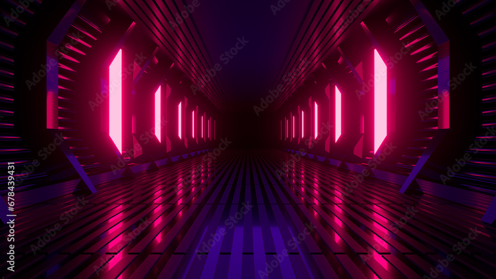 Poster sci fi neon glowing lines in a dark tunnel. reflections on the floor and ceiling. 3d rendering image