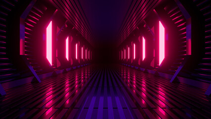Sci Fi neon glowing lines in a dark tunnel. Reflections on the floor and ceiling. 3d rendering image. Abstract glowing lines. Technology futuristic background.
