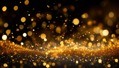 gold sparkle stars burst against a black backdrop, creating a mesmerizing bokeh glitter explosion....