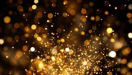 gold sparkle stars burst against a black backdrop, creating a mesmerizing bokeh glitter explosion. Golden particles dance in a magical display