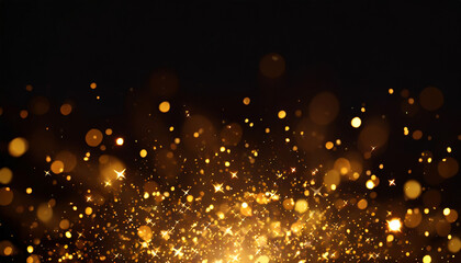 Obraz na płótnie Canvas gold sparkle stars burst against a black backdrop, creating a mesmerizing bokeh glitter explosion. Golden particles dance in a magical display