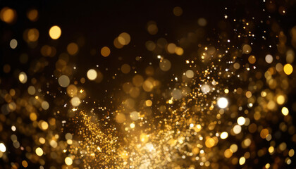 gold sparkle stars burst against a black backdrop, creating a mesmerizing bokeh glitter explosion. Golden particles dance in a magical display - obrazy, fototapety, plakaty