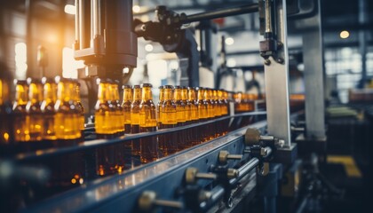 Naklejka premium Efficient automated beverage filling equipment at factory, filling drinks into glass bottles