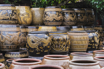 Hand-painted Thai-style dragon jars from Ratchaburi, Thailand