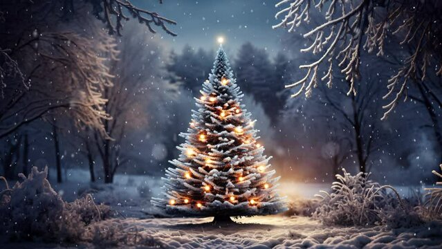 Christmas tree in the winter forest. Beautiful winter landscape with Christmas tree. Christmas scene with copy space. Snowfall. Loop
