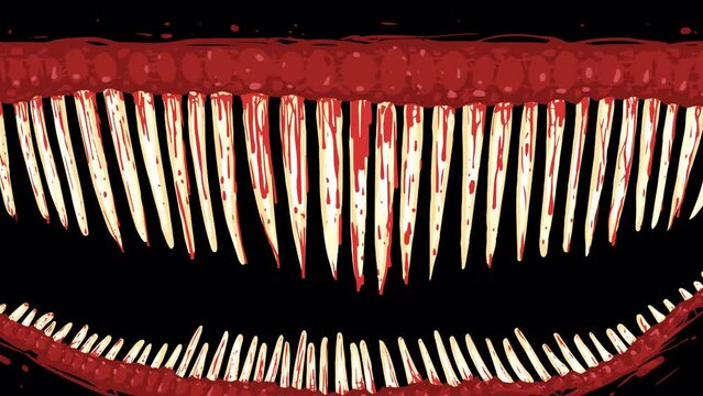 Creepy animation of a monster biting with sharp bloody teeth on a black screen. Horror transition with eating in 4K with alpha. Stock Halloween effect with teeth chattering in front of the viewer.