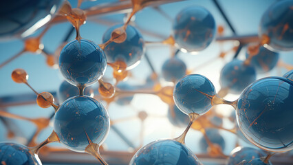 Illustration of molecules in blue colors - obrazy, fototapety, plakaty