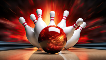 The bowling ball hits the pins and scores a strike. Bowling game - obrazy, fototapety, plakaty
