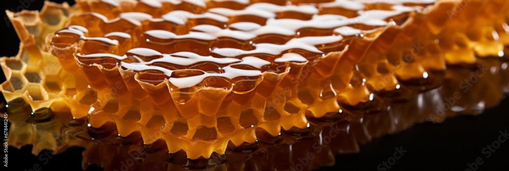Poster golden honey and detailed honeycomb abstract background with copyspace for text and branding