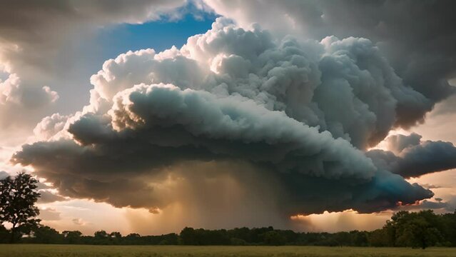 Closeup large thunderhead cloud expanding growing, creating ominous atmosphere.