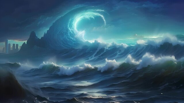 An electrifying blue light crashes over the horizon. In the distance a massive wave rises up from the ocean s depths forming a powerful tidal surge that crashes onto the shore with