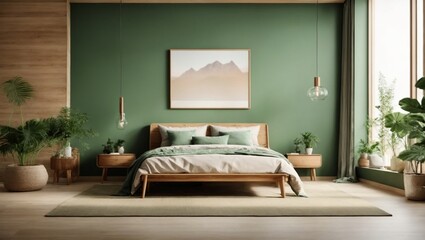 Blank wooden frame mockup on the wall and a centered bed in a trendy modern Scandinavian interior with green tones. Generative AI.