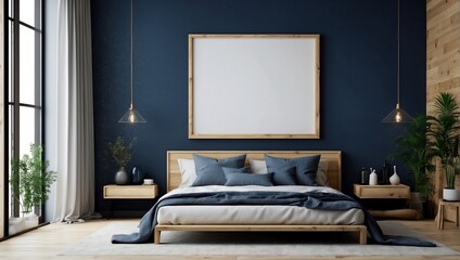 Fototapeta na wymiar Blank wooden frame mockup on the wall and a centered bed in a trendy modern Scandinavian interior with blue tones. Generative AI.