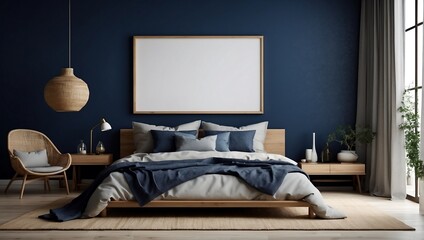 Blank wooden frame mockup on the wall and a centered bed in a trendy modern Scandinavian interior with blue tones. Generative AI.