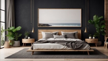 Blank wooden frame mockup on the wall and a centered bed in a trendy modern Scandinavian interior with dark tones. Generative AI.