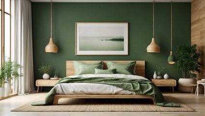 Obraz na płótnie Canvas Blank wooden frame mockup on the wall and a centered bed in a trendy modern Scandinavian interior with green tones. Generative AI.