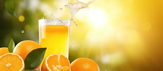Tuinposter Outdoor ripe fruit producing fresh orange juice poured into a glass © Vusal
