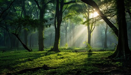 Naklejka premium Enchanting sunbeams filtering through a mysterious misty forest with mesmerizing sunlight rays