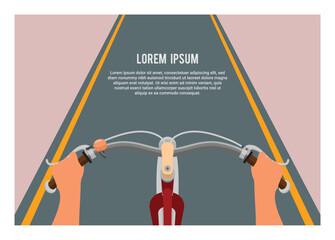 Biker point of view. Biker riding old bicycle. Simple flat illustration. - obrazy, fototapety, plakaty