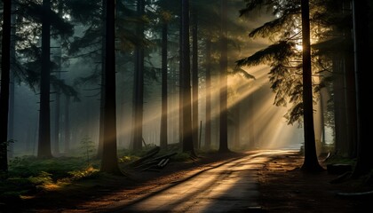Serene and ethereal misty forest with radiant sunbeams streaming through the majestic trees
