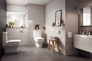 Fototapeta na wymiar modern bathroom with silver tile walls and white tiles on the floor. generative ai