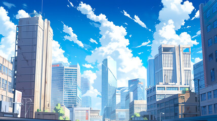 青空と都会の高層ビルのアニメ風イラスト - obrazy, fototapety, plakaty