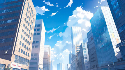 青空と都会の高層ビルのアニメ風イラスト - obrazy, fototapety, plakaty
