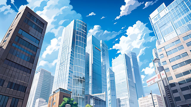 青空と都会の高層ビルのアニメ風イラスト