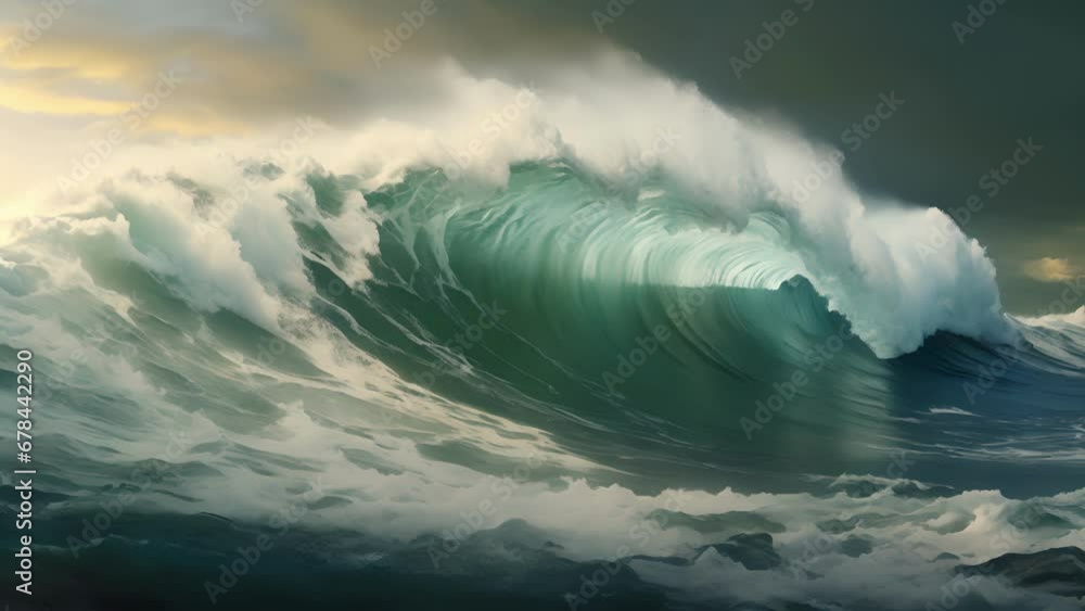 Poster a colossal wave rears up from the sea the powerful force of its motion akin to an animal with a will