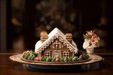 A Christmas gingerbread house placed on a platter on a table.