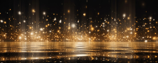 Golden lights sparkling on a black background, captured in photography on the water, creating a brilliant stage backdrop.