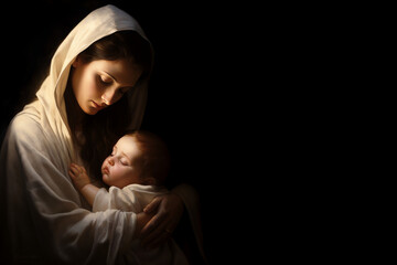 Religious painting of Mary and Jesus, with a black background and serene faces. - obrazy, fototapety, plakaty