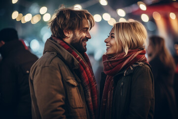 Women and men enjoying each other's company at a winter festival, portraying relatable personalities.