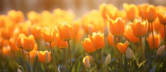 Fading orange tulips under blazing sunlight background