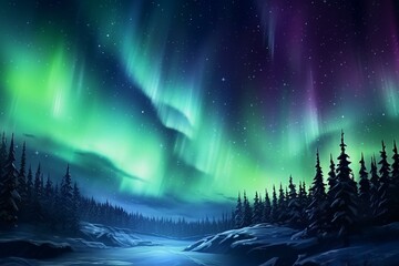 Enchanting sky adorned with aurora and stars. Lush green northern lights backdrop providing ample copy-space. Generative AI