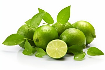 Fresh green lemon with leaves isolated on white background, perfect for culinary and nature designs