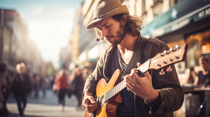 Portrait of a male musician playing his guitar on a busy city street, captivating the passersby - obrazy, fototapety, plakaty