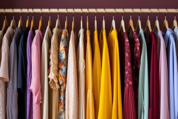Colorful and trendy fashion clothes hanging on a clothing rack in a beautifully organized closet