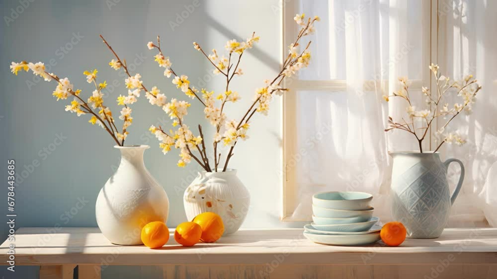 Poster a bright and refreshing spring setting with a touch of lingering snow on the ground. the soft sunlig