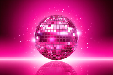 rosa pink Discokugel mit Lichtern und Lichteffekten und mit Platz für Text. Querformat. Generative Ai.