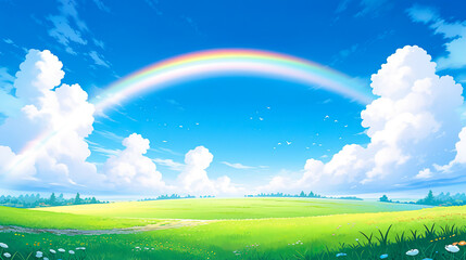 青空にかかる美しい虹のアニメ風イラスト - obrazy, fototapety, plakaty
