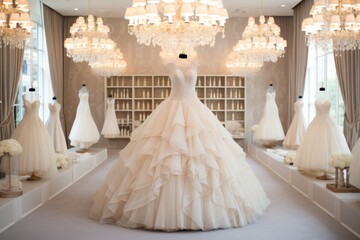 Elegant white wedding dresses hanging on hangers in luxury bridal shop boutique salon