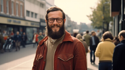 Fototapeta na wymiar Vintage photo of attractive fashionable man on street wearing in 1980 style