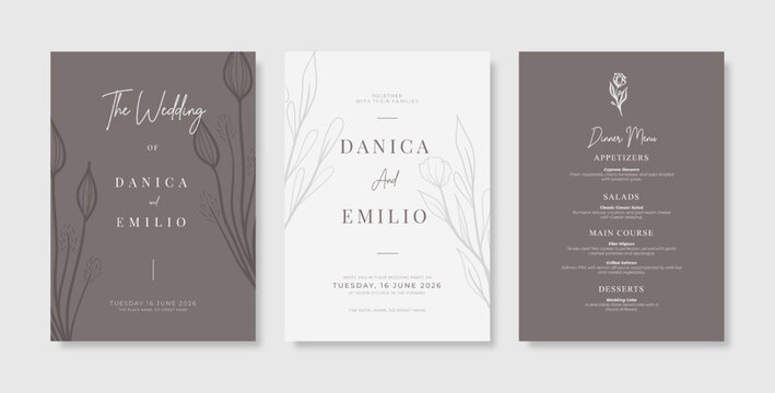 Simple and elegant wedding card template. engraved flower wedding invitation template