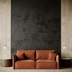 Modern living room with bright orange terracotta brown caramel sofa. Black accent painting walls empty for art -decorative microcement plaster. Mockup luxury room lounge interior design. 3d rendering 
