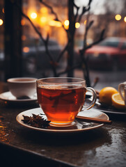 Warm cup of tea on autumn background. Beautiful autumn background. Generated by AI